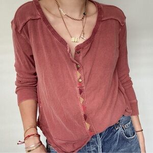 Free People Henley Top Embroidered Button Placket in Dusty Rose